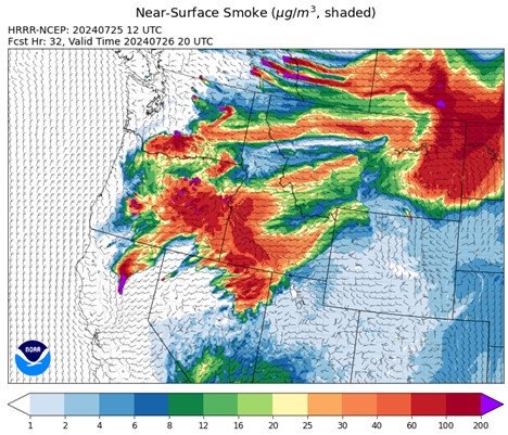 By Friday afternoon, the HRRR smoke model shows strong westerly winds pumping smoke from regional wildfires into Montana.